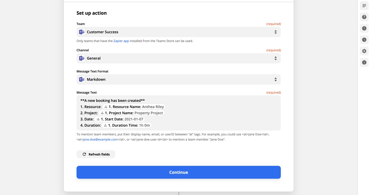 Zapier action settings