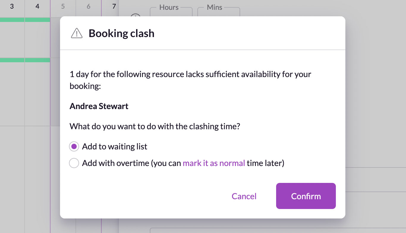 a booking clash notification in resource guru