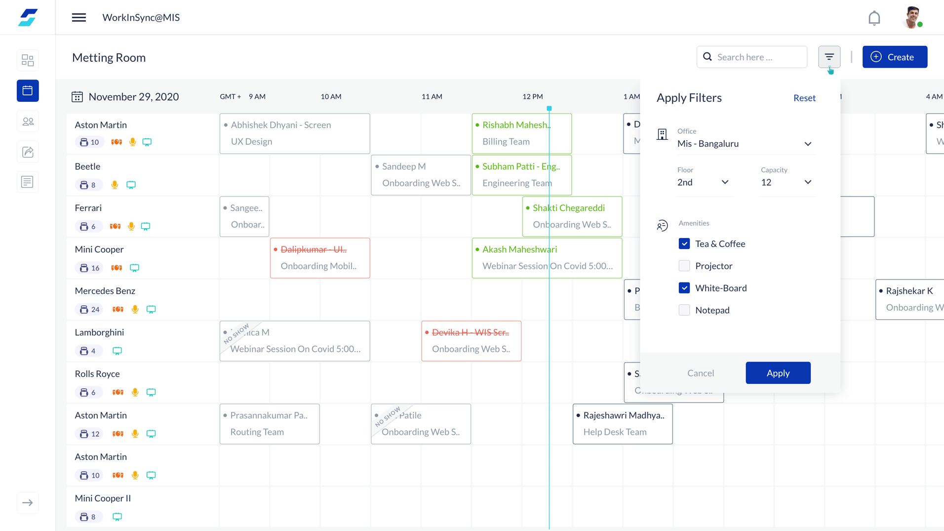 real-time room availability in workinsync