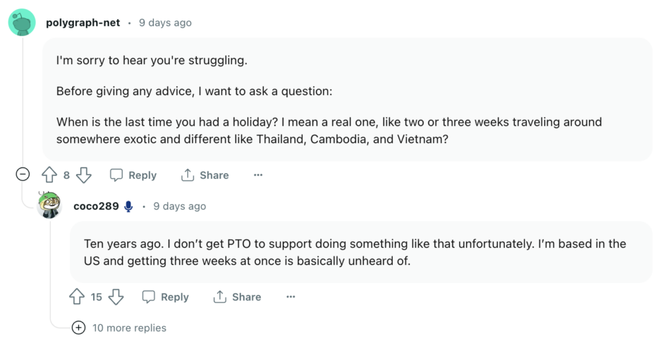 Response to the Reddit thread, advising an extended holiday