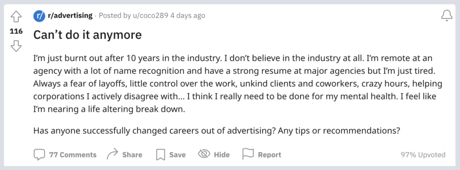 Post from Reddit's subreddit advertising about lack of work-life balance