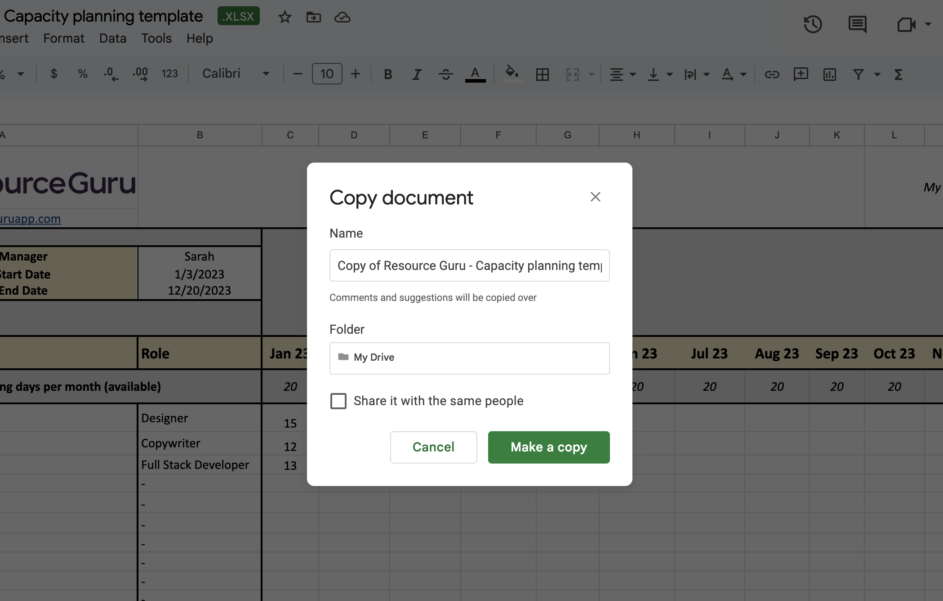 Making a copy of the Google Sheets resource capacity template