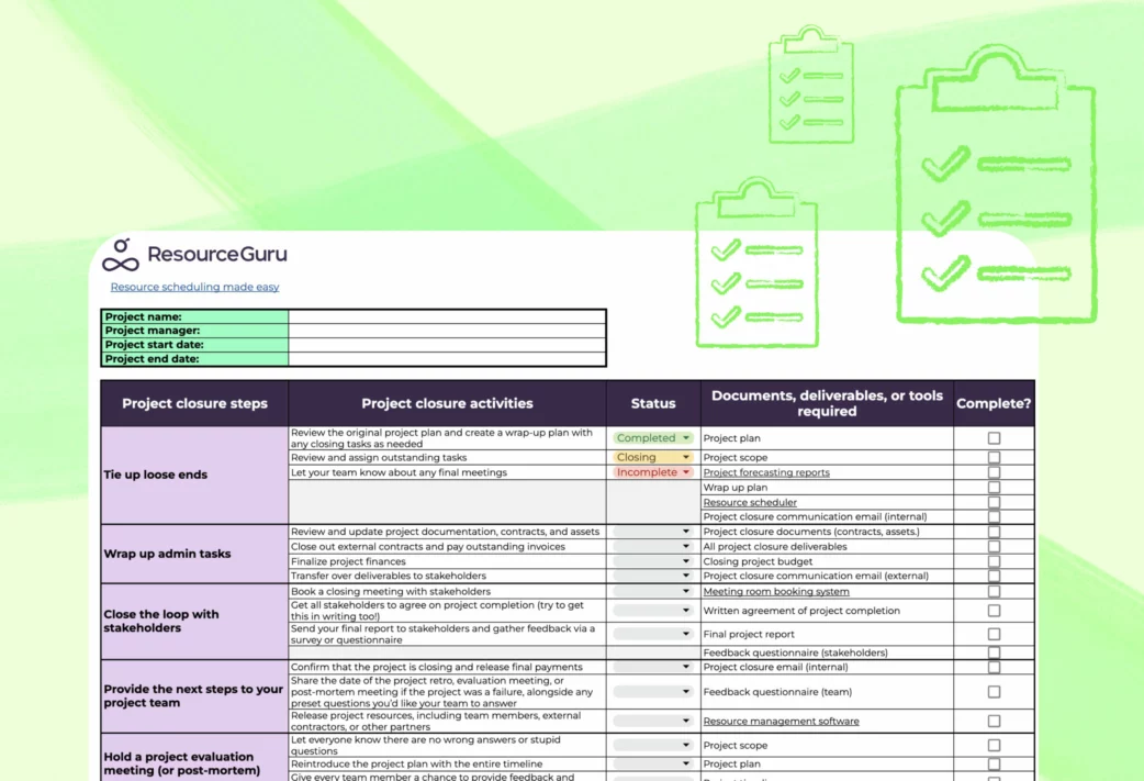 Project closure checklist in Google Sheets