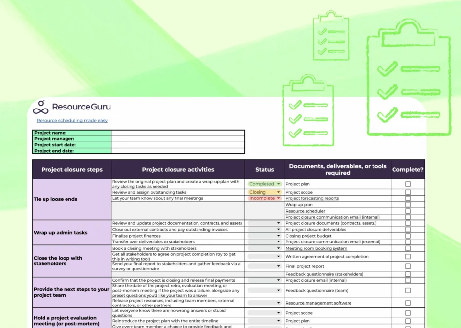 Project closure checklist in Google Sheets