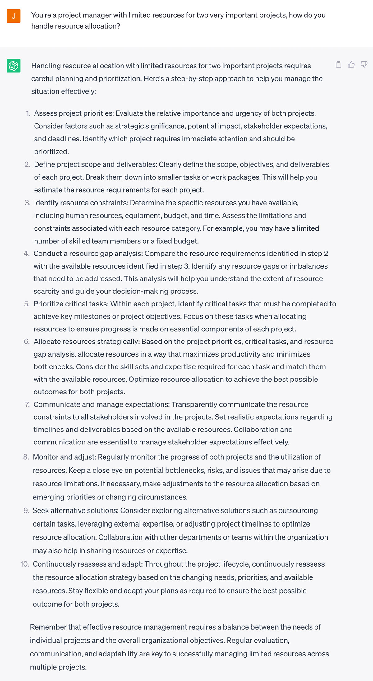 Asking ChatGPT how to prioritize resource allocation for two important projects.