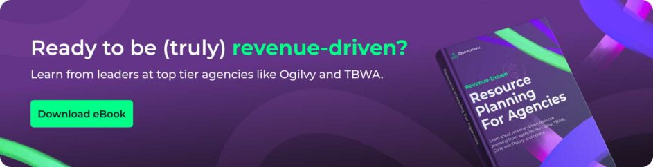 A purple banner with a 3D model of a book with a prompt to download an ebook titled Revenue-Driven Resource Planning for Agencies.