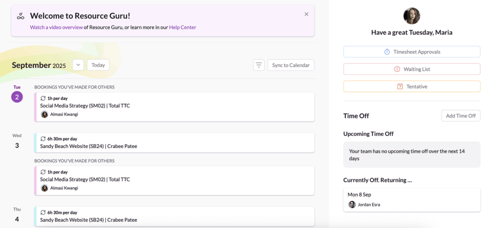 Resource Guru dashboard 2025.
