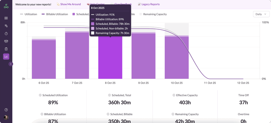 Resource Guru utilization and capacity standard report.