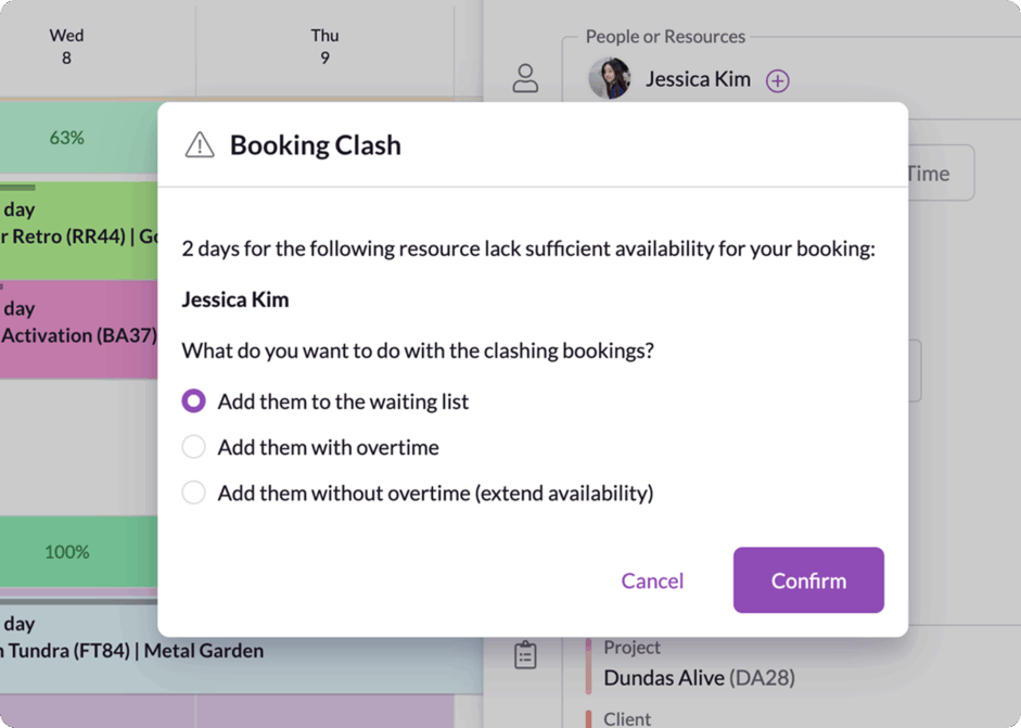 Resource Guru booking clash modal. 