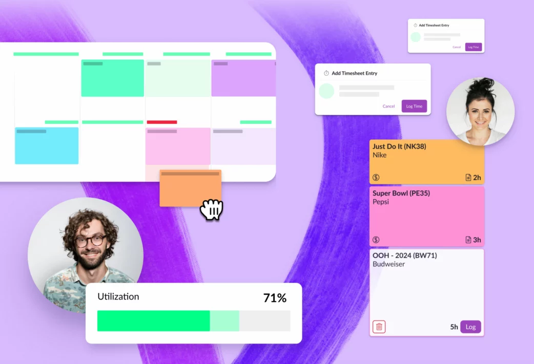 A colorful image showing different elements of a scheduling and timesheets tool