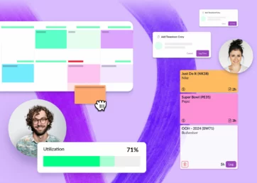A colorful image showing different elements of a scheduling and timesheets tool