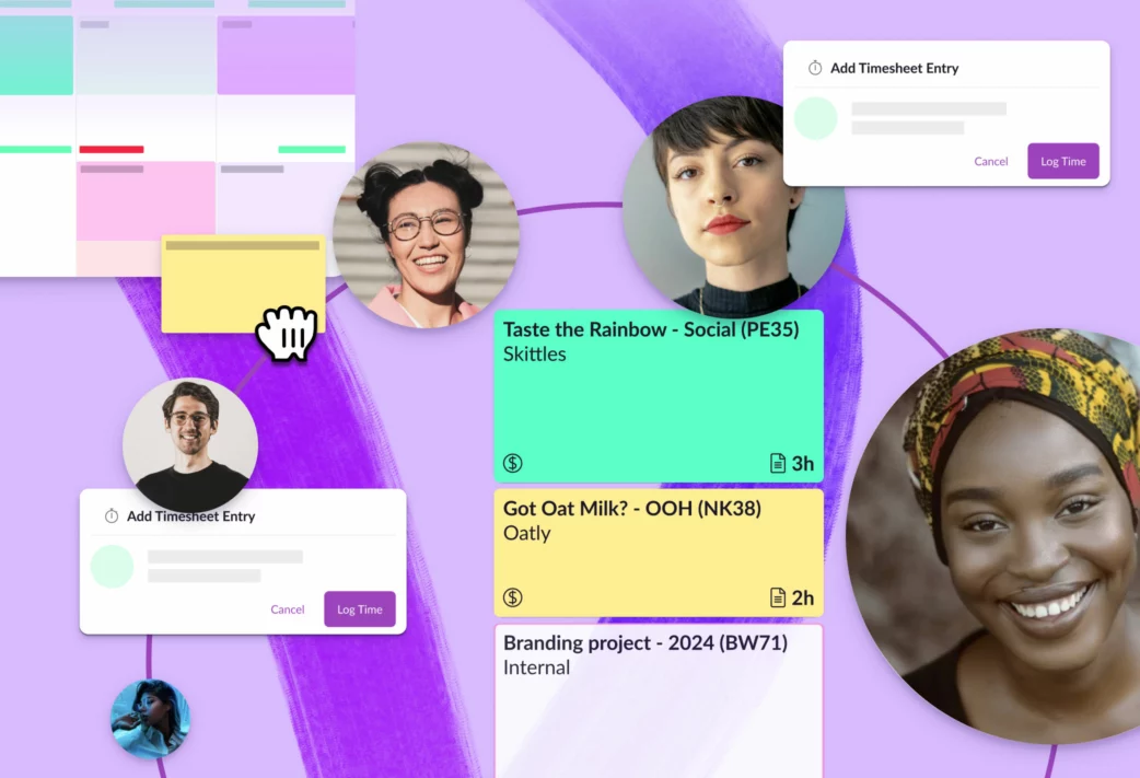 Different features from a timesheets software depicting the process of employee timesheets on a purple background.