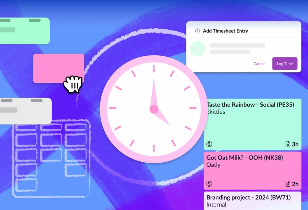 Elements of time tracking software centered around a pink clock on a blue background