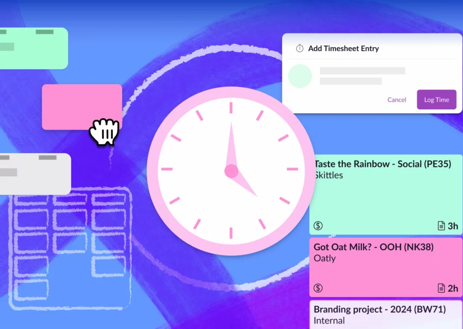 Elements of time tracking software centered around a pink clock on a blue background