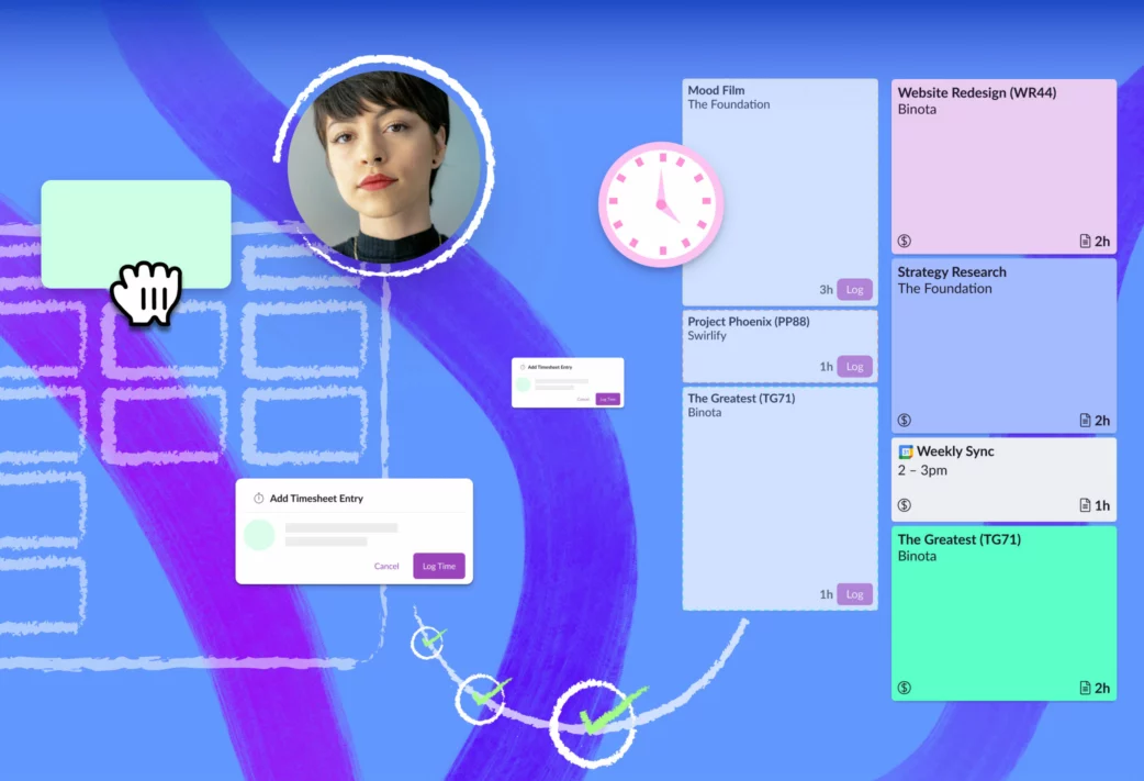 Various components of project timesheets, including a schedule and time log entries on a blue background.