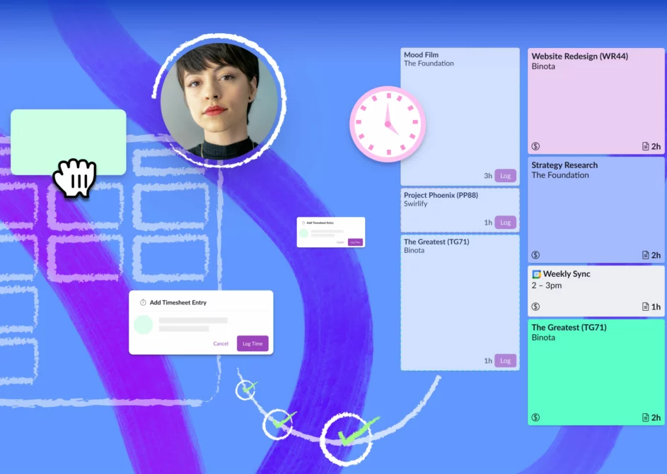 Various components of project timesheets, including a schedule and time log entries on a blue background.