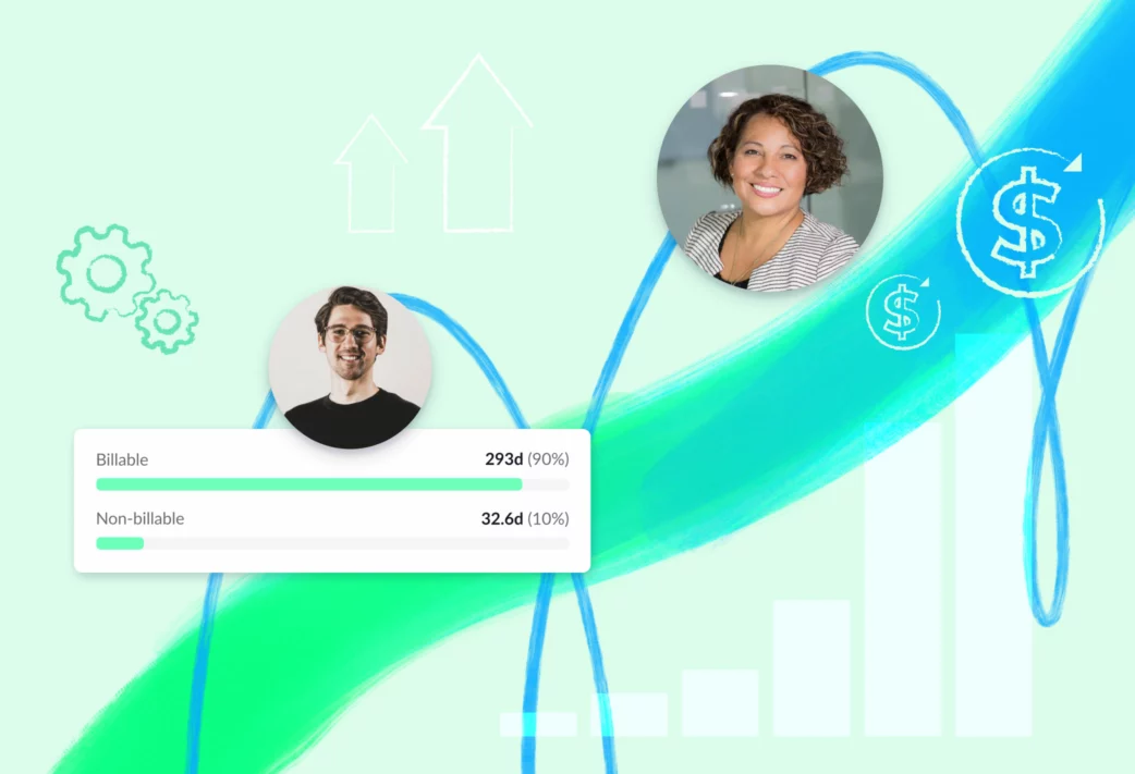 A graph, dollar signs and cogs on a green background.