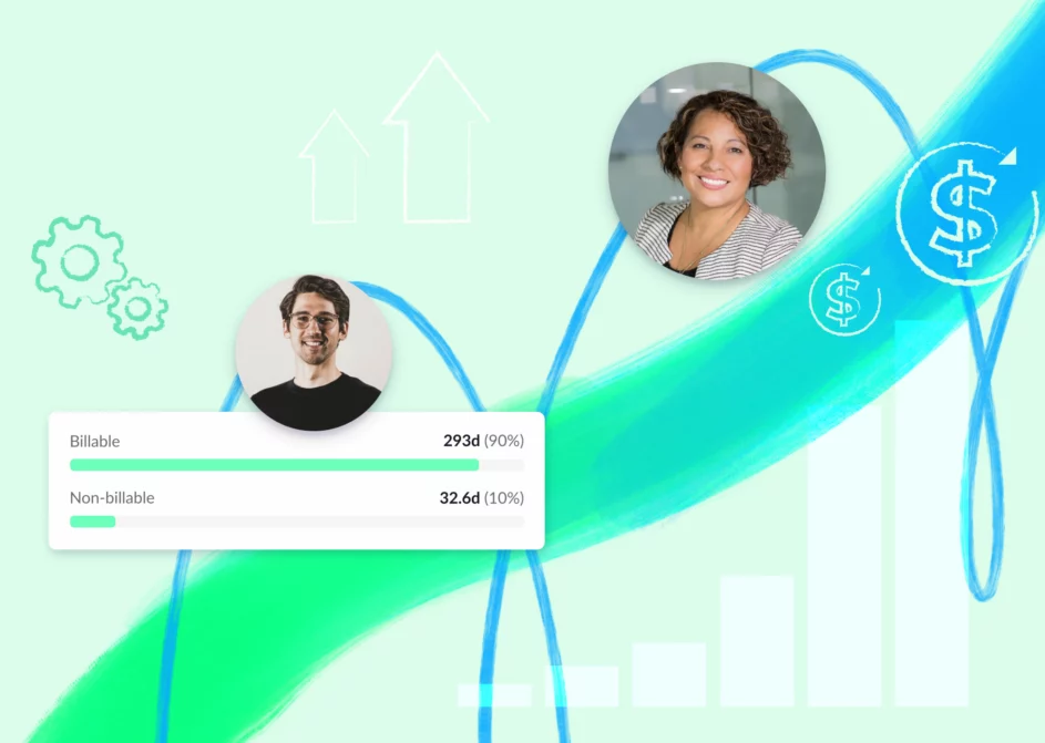 A graph, dollar signs and cogs on a green background.