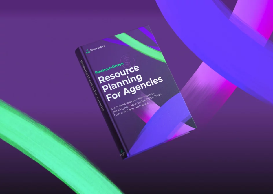 A 3D image of a book titled "Revenue-Driven Resource Planning for Agencies" on a purple background surrounded by colorful brush strokes.