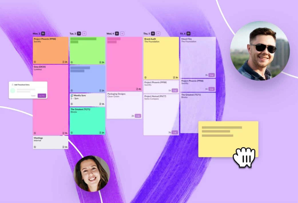 Resource Guru's timesheets on a purple background.