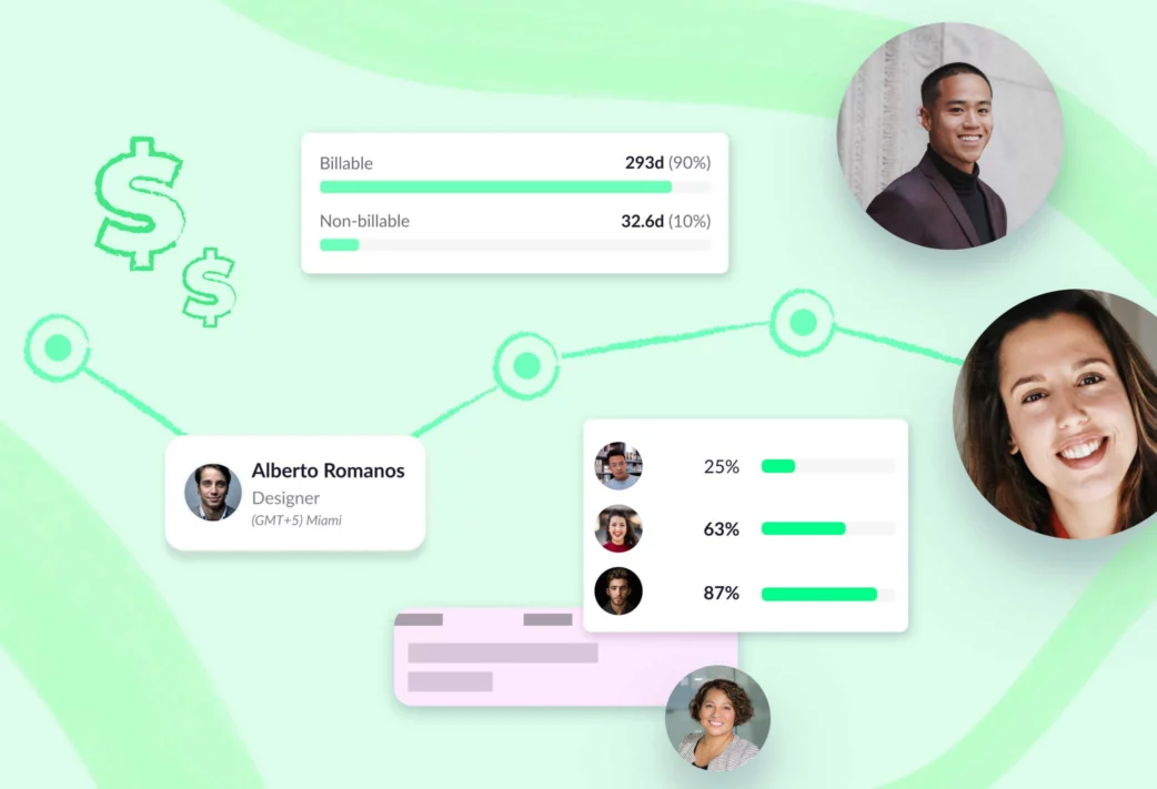 Schedule elemnts and billable utilization stats for various employees on a green background.