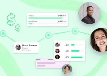 Schedule elemnts and billable utilization stats for various employees on a green background.