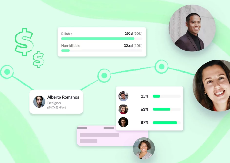 Schedule elemnts and billable utilization stats for various employees on a green background.