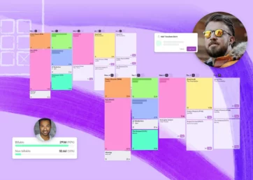 Two weekly schedules on a purple background.