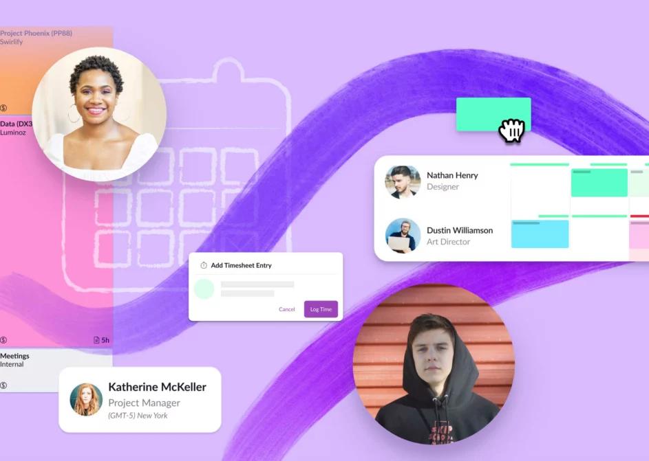 Elements of Resource Guru's timesheets on a purple background.