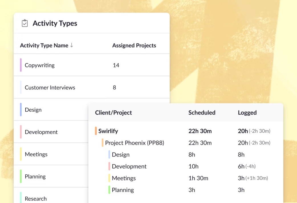 Create and track activity types across projects and clients