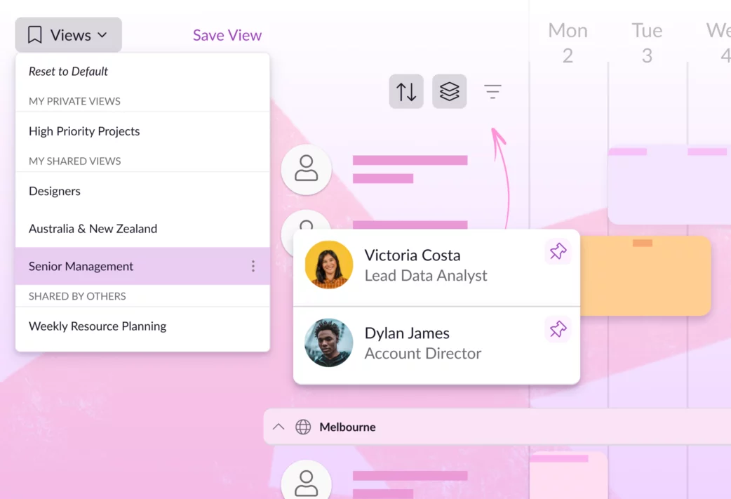 Save custom views and pin people and resources in the Schedule