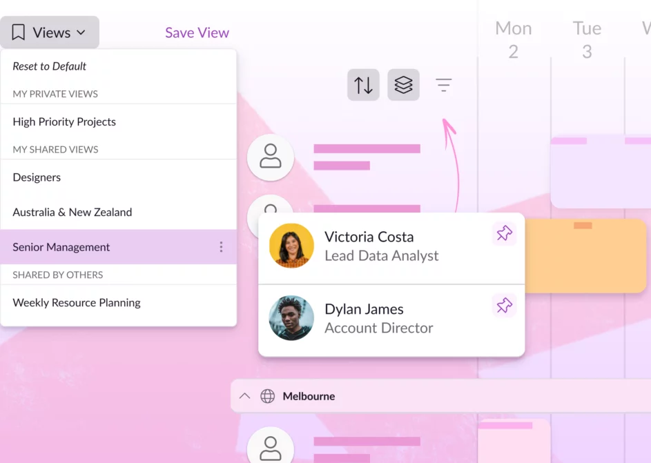 Save custom views and pin people and resources in the Schedule