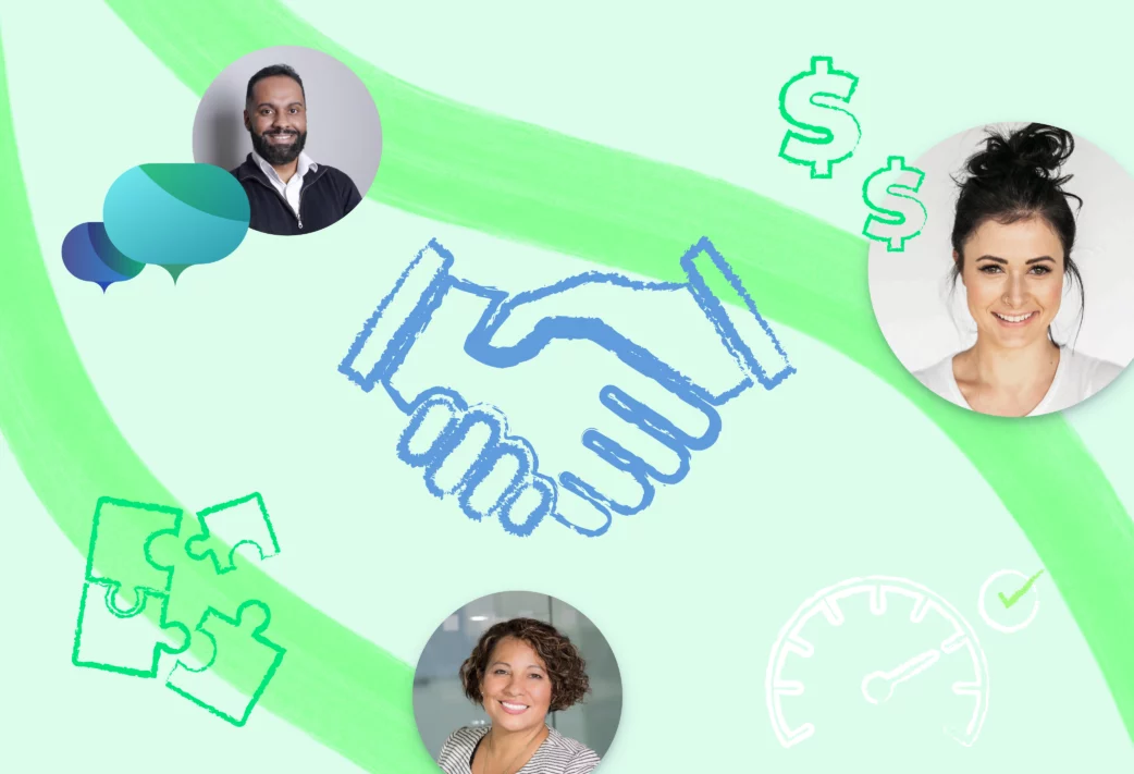 Agency sales illustration with avatars and a handshake symbol.