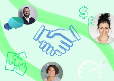 Agency sales illustration with avatars and a handshake symbol.