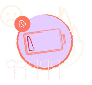 Purple and orange graphic representing burnout with battery, flags, and alert symbol for Resource Guru's Burnout Risk Index.