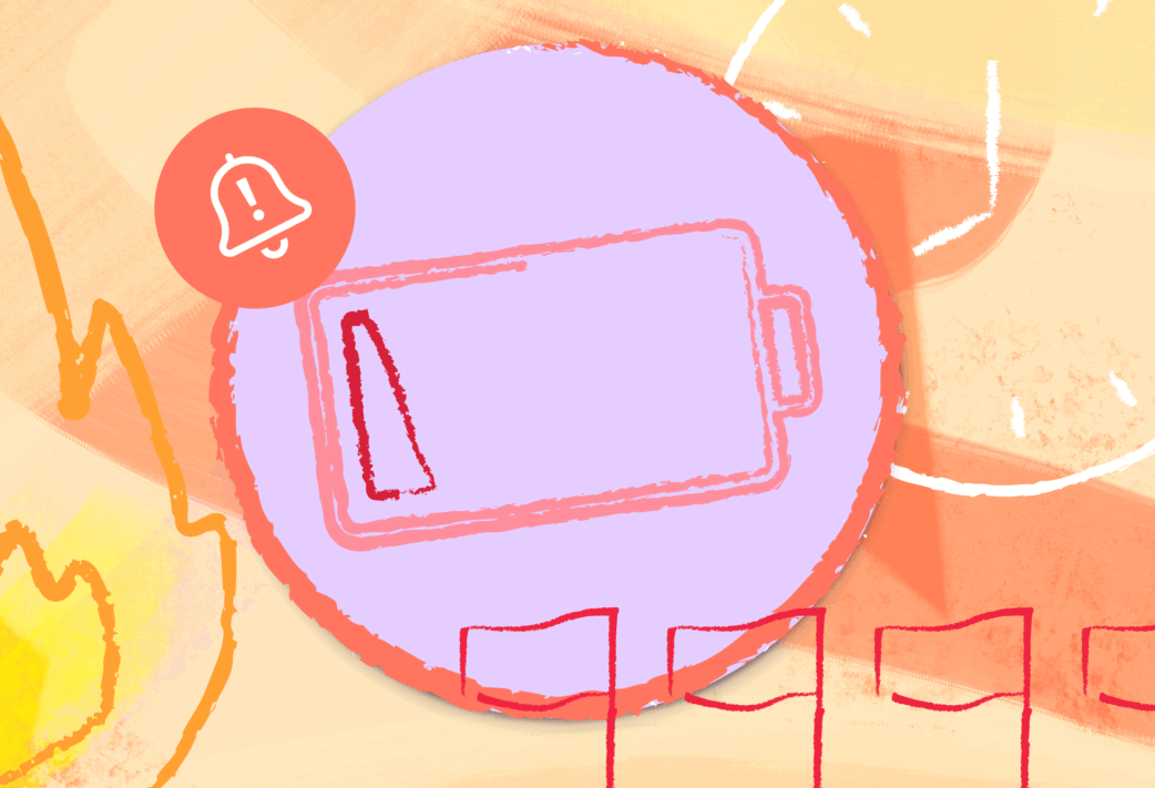 Orange and purple graphic representing burnout with a battery, red flags, flame, and alert for Resource Guru's Burnout Risk Index.