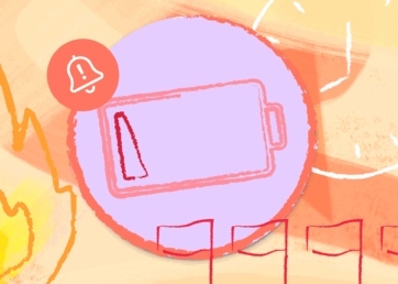 Orange and purple graphic representing burnout with a battery, red flags, flame, and alert for Resource Guru's Burnout Risk Index.