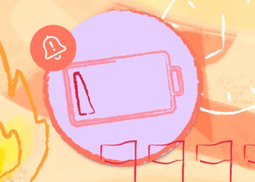 Orange and purple graphic representing burnout with a battery, red flags, flame, and alert for Resource Guru's Burnout Risk Index.