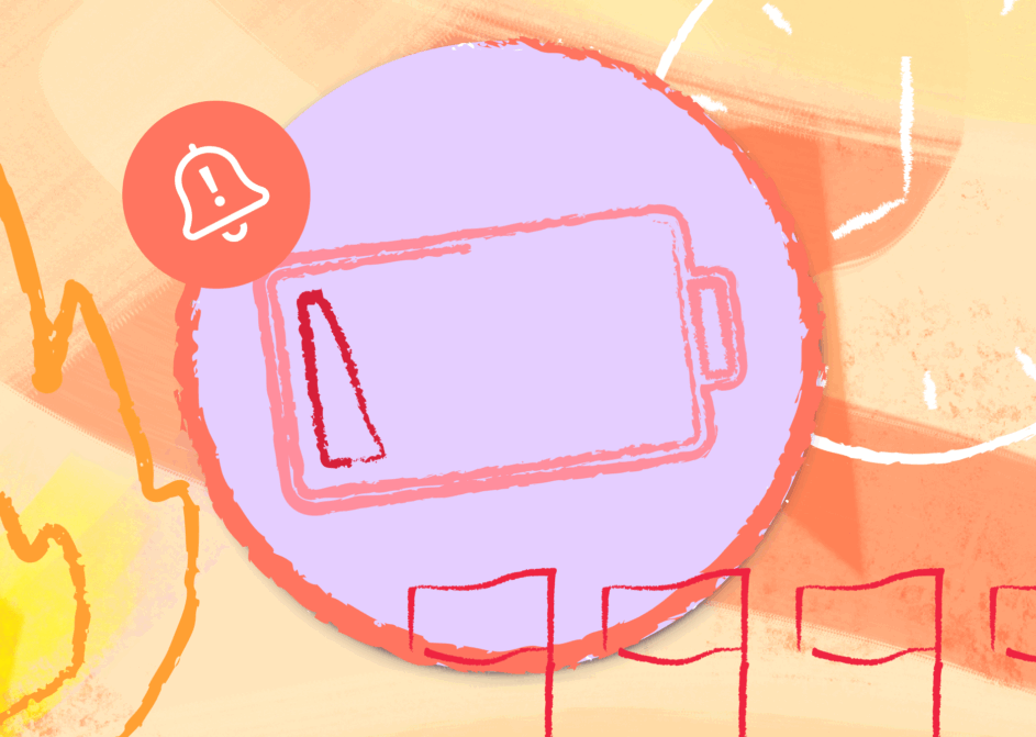 Orange and purple graphic representing burnout with a battery, red flags, flame, and alert for Resource Guru's Burnout Risk Index.