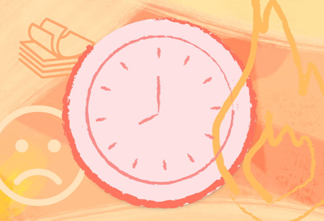 Orange and red graphic representing overworking with clock, pile of papers, unhappy face, and flame for Resource Guru's The State of (Over)working campaign.