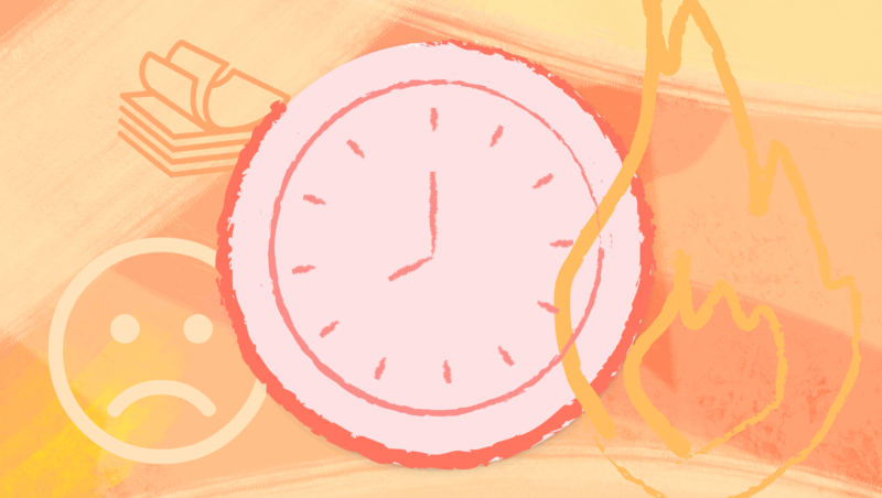 Orange and red graphic representing overworking with clock, pile of papers, unhappy face, and flame for Resource Guru's The State of (Over)working campaign.