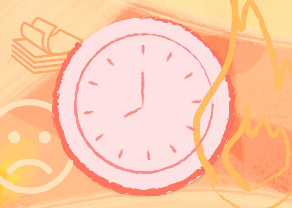 Orange and red graphic representing overworking with clock, pile of papers, unhappy face, and flame for Resource Guru's The State of (Over)working campaign.