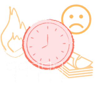 Red and orange graphic representing overworking with a clock, flame, pile of papers, and sad face for Resource Guru's The State of (Over)working campaign.