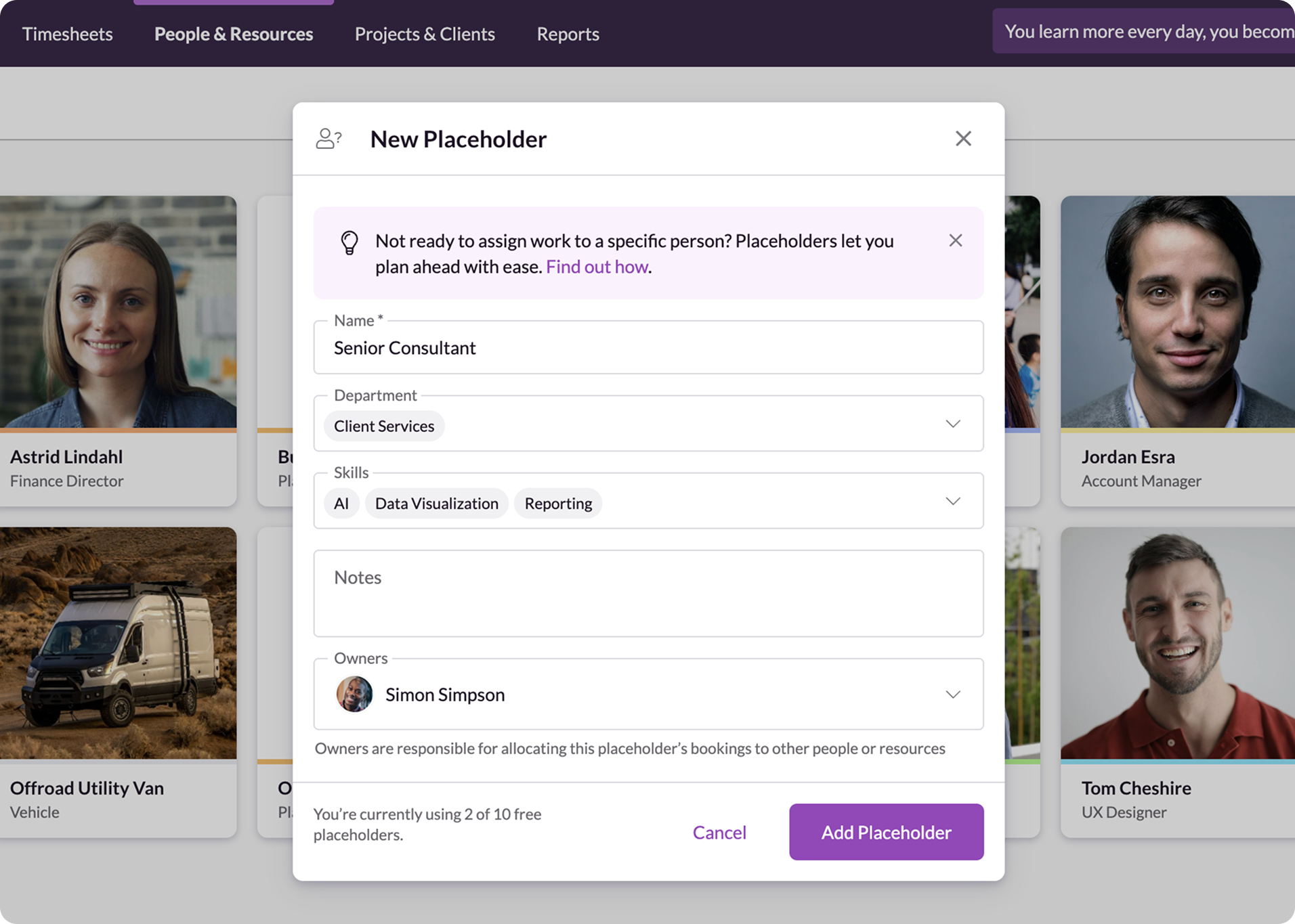 Creating a placeholder and assigning the department, skills, custom fields, and an owner