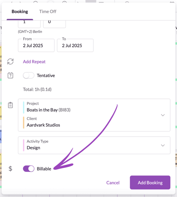 Activity types billable status toggle on Resource Guru.