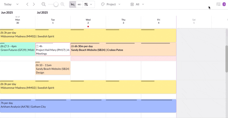 The actions drawer on Resource Guru.
