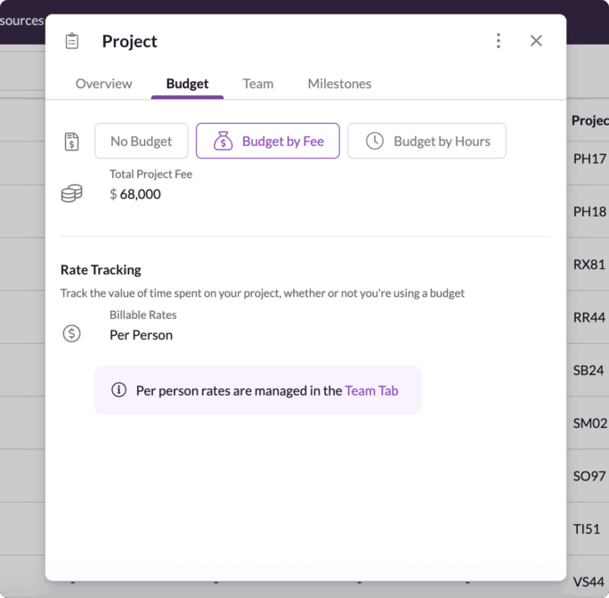 Project budgets modal on Resource Guru showing options to set budget by fee or by hours.