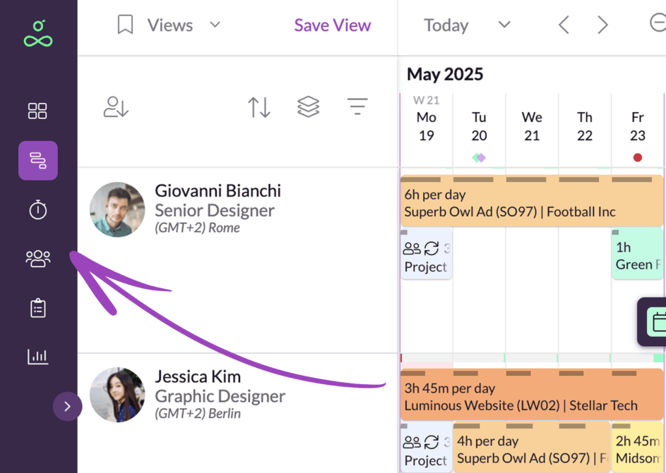 Vertical navigation on Resource Guru.
