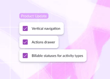 June 2025 product updates list from Resource Guru. Featuring: vertical nav, actions drawer, and billable statuses for activity types.