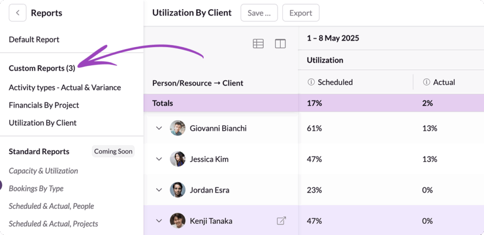 The custom reports list in Resource Guru.
